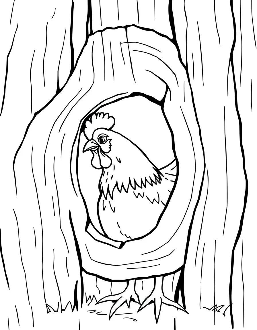 A chicken looking through a knothole in the barn wall
