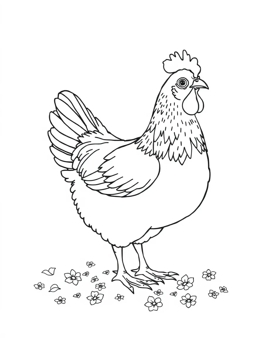 A chicken with a scattering of flower petals around it
