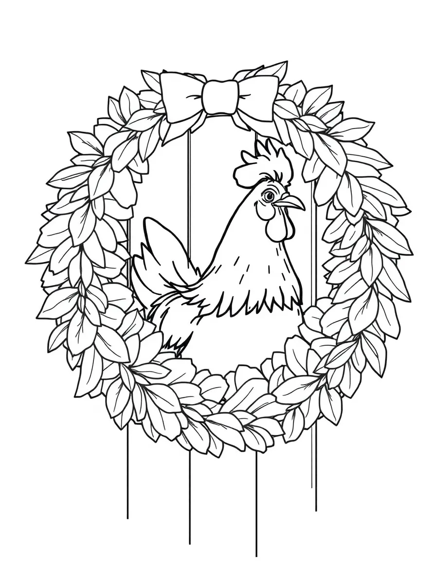 A chicken poking its head through a wreath on a door