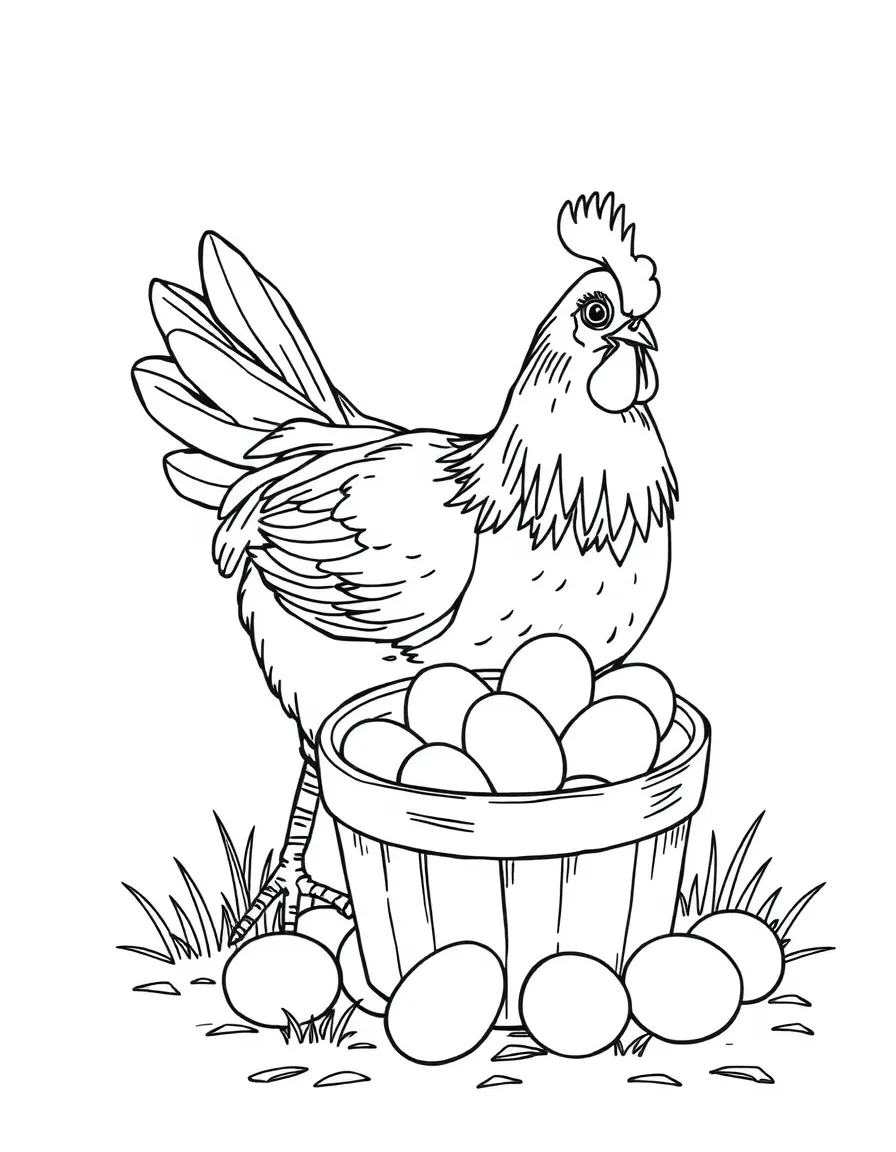 A chicken investigating a bucket of freshly collected eggs