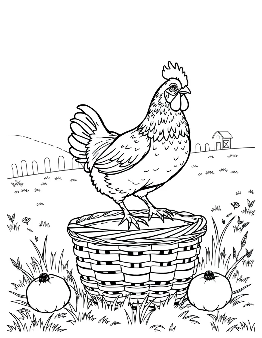 A chicken standing on top of a picnic basket at a farm gathering