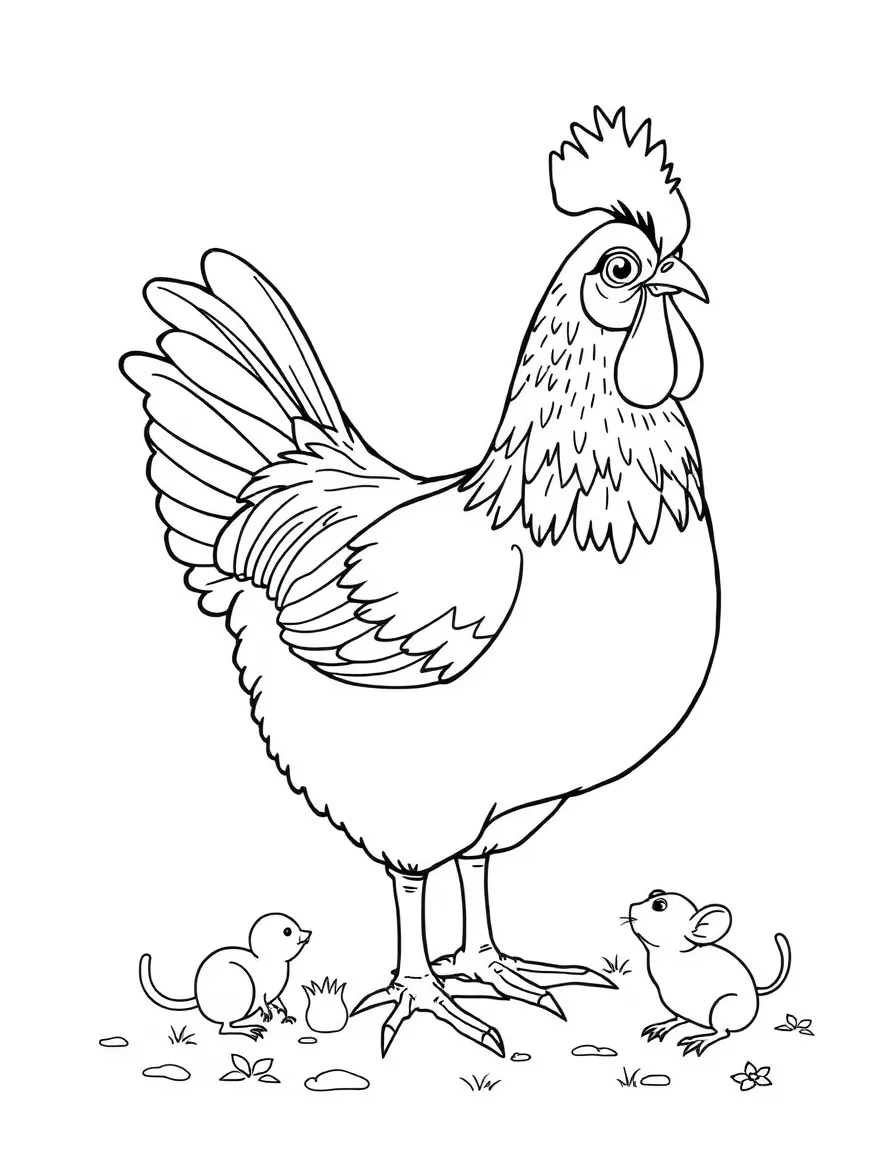 A chicken with a small mouse friend nearby