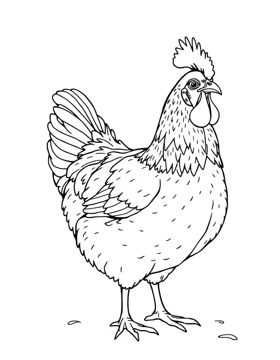 A chicken with its feathers puffed up against the cold