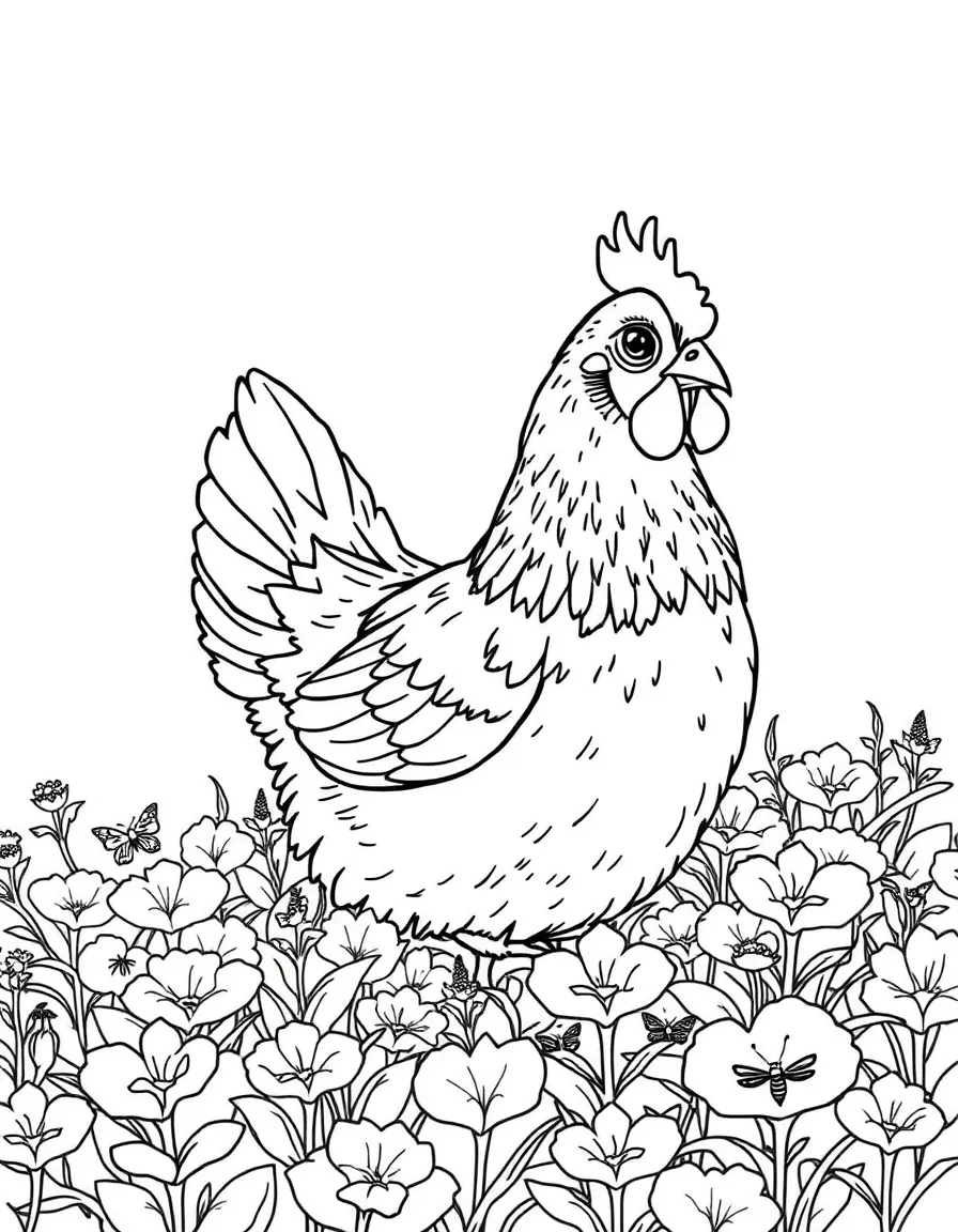A chicken sitting in a patch of clover looking for insects
