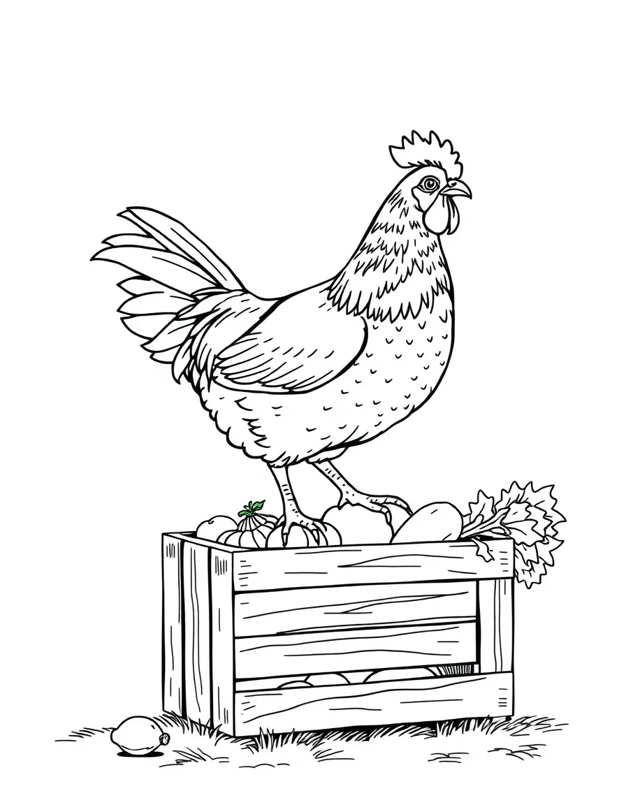 A chicken balancing on a wooden crate of fresh produce