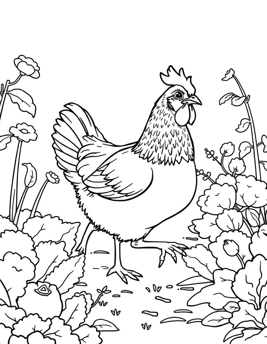 A chicken stepping daintily through a vegetable garden