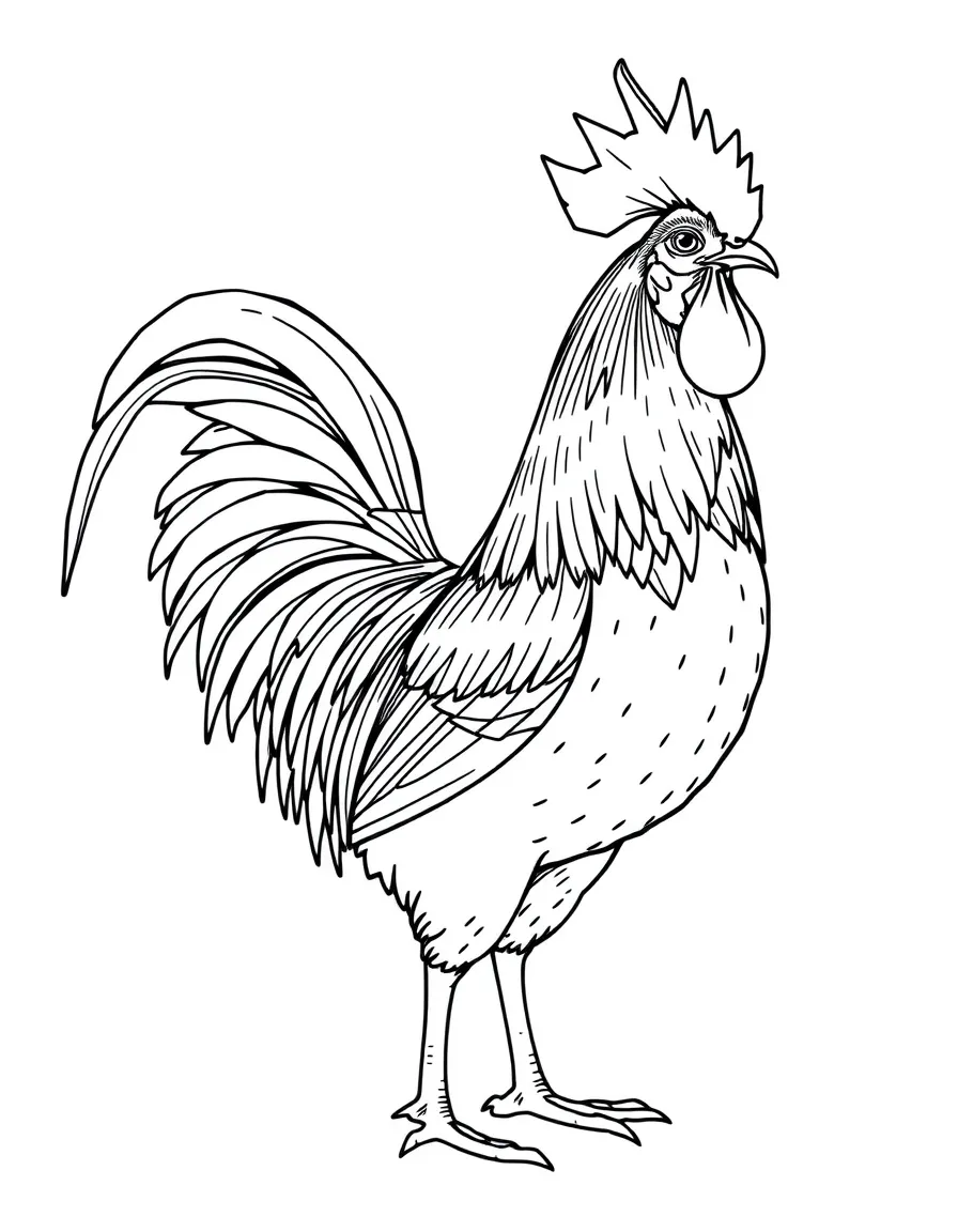 A rooster displayed in profile showing its magnificent feathers