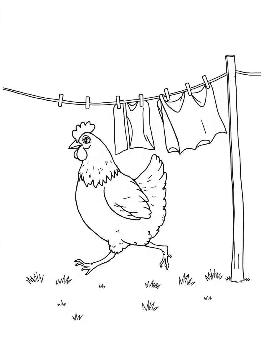 A chicken walking along a clothesline pole with washing hanging