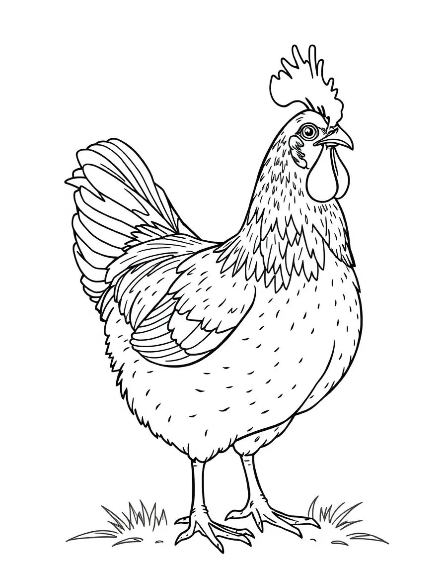 A chicken with feathers glistening with morning dew