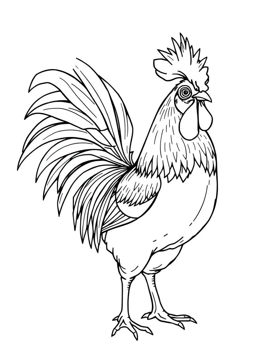 A rooster with elaborate tail feathers fanned out in display
