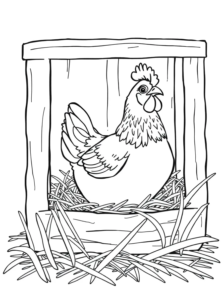 A chicken in a nest box surrounded by fresh straw