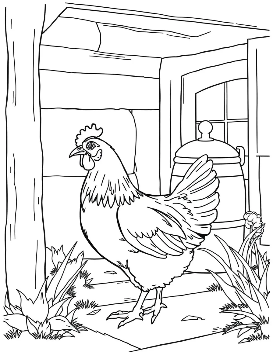 A chicken near a butter churn on the farmhouse porch