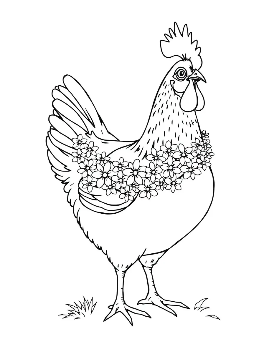 A chicken with a garland of small flowers around its neck