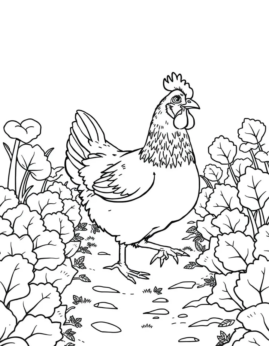 A chicken walking between rows of growing vegetables