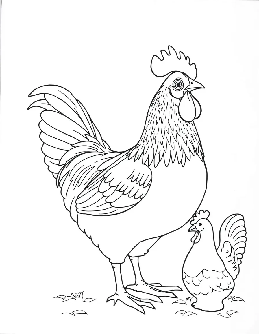 A chicken next to decorative ceramic chicken figurines