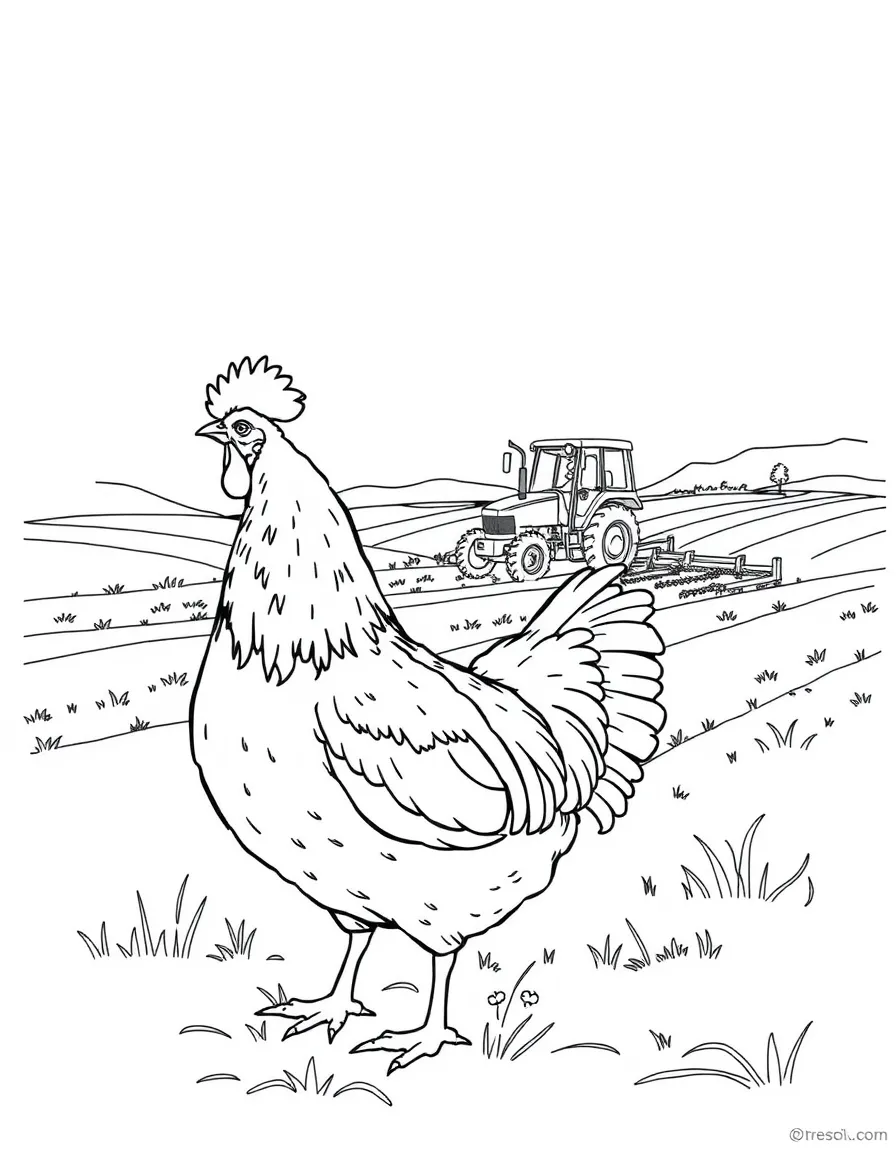 A chicken watching a tractor plowing in the distance
