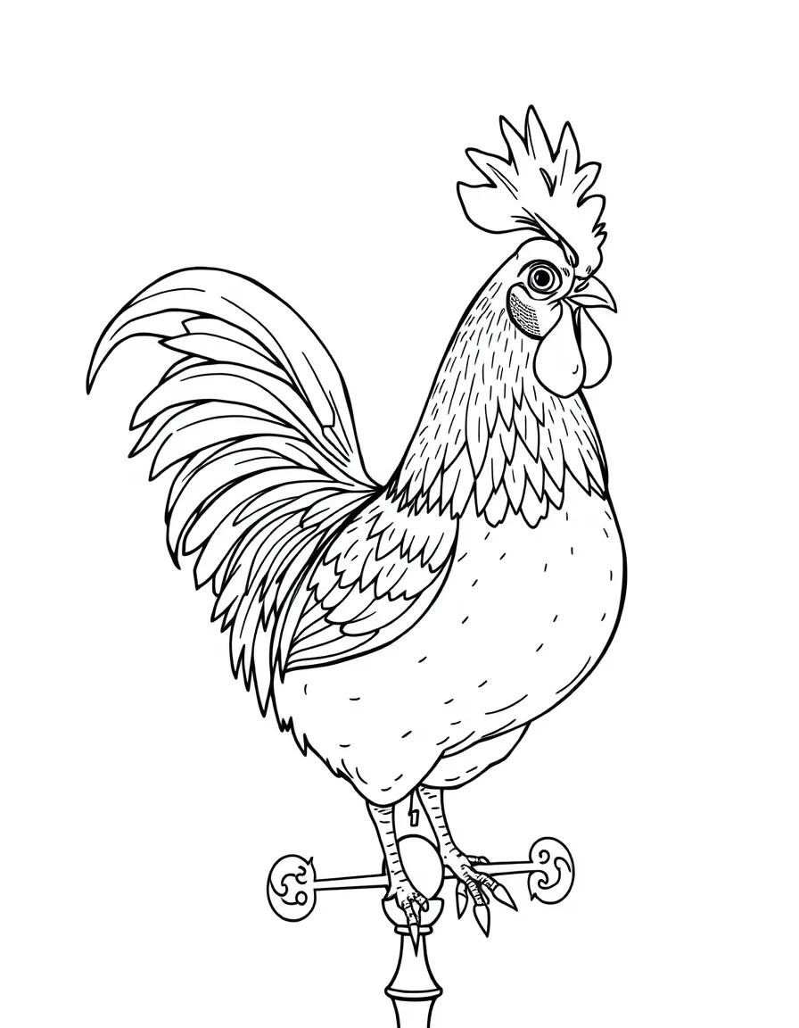 A chicken with an ornate weathervane shaped like a rooster behind it