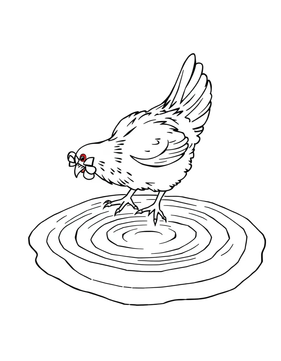 A chicken drinking from a puddle with ripples spreading out