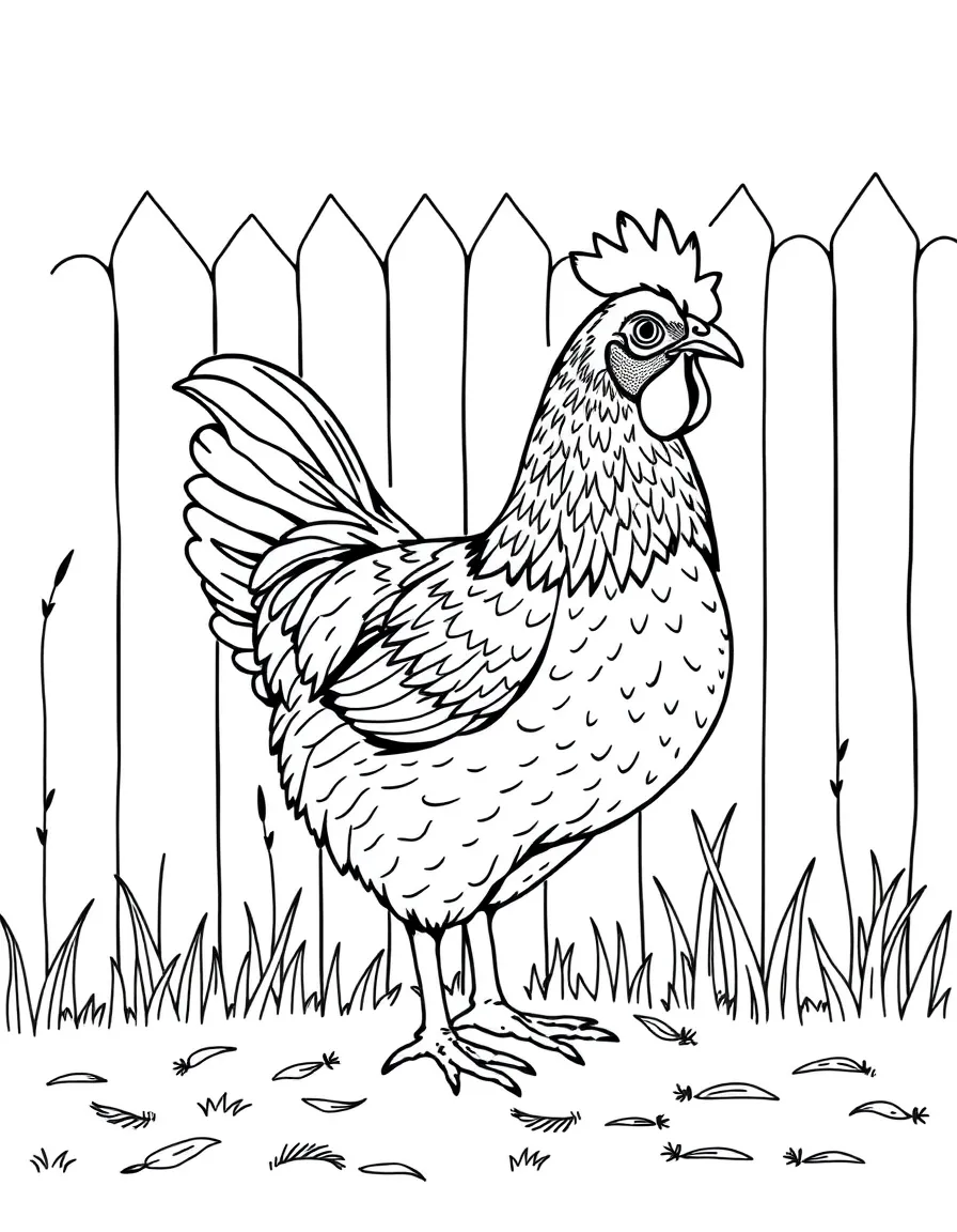 A chicken with elaborate shadow patterns cast by a fence