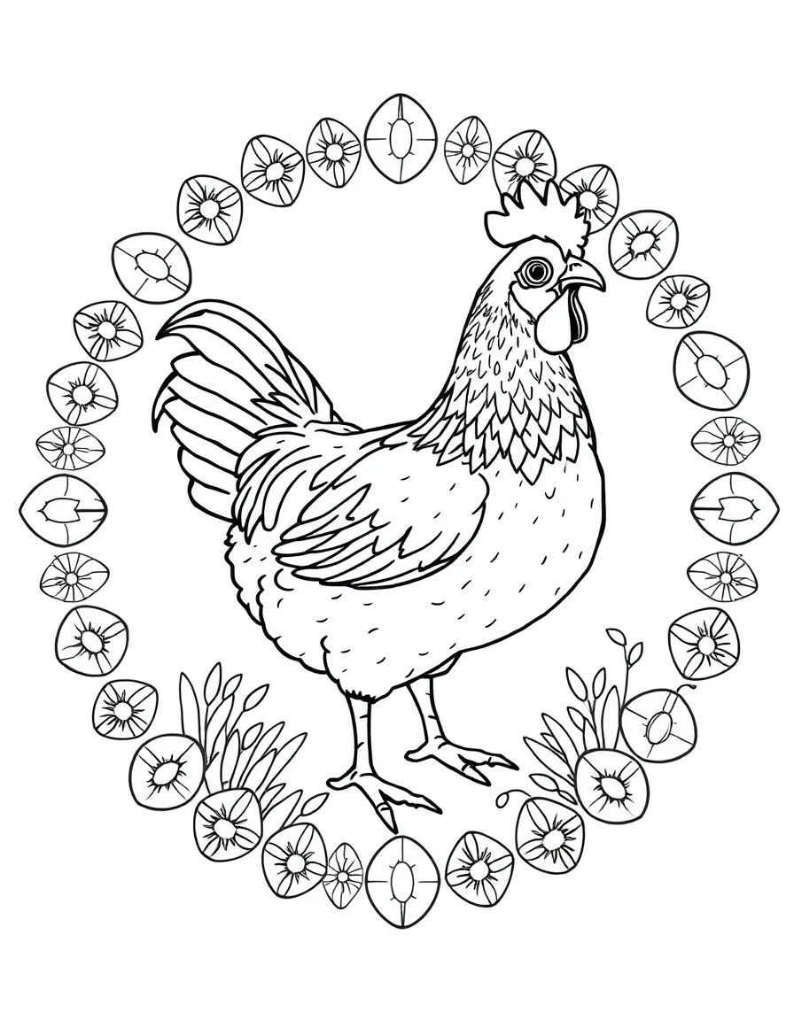 A chicken surrounded by a border of egg motifs and designs