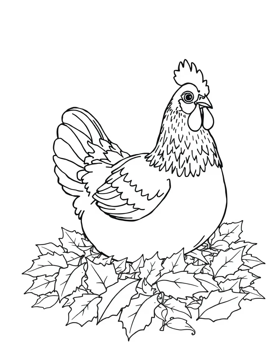 A chicken resting on a pile of autumn leaves