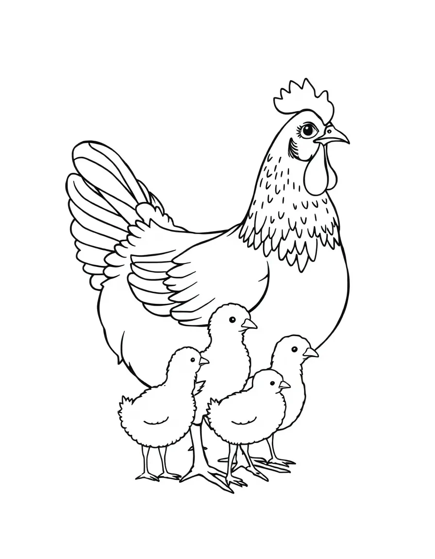 A chicken with its chicks arranged from largest to smallest