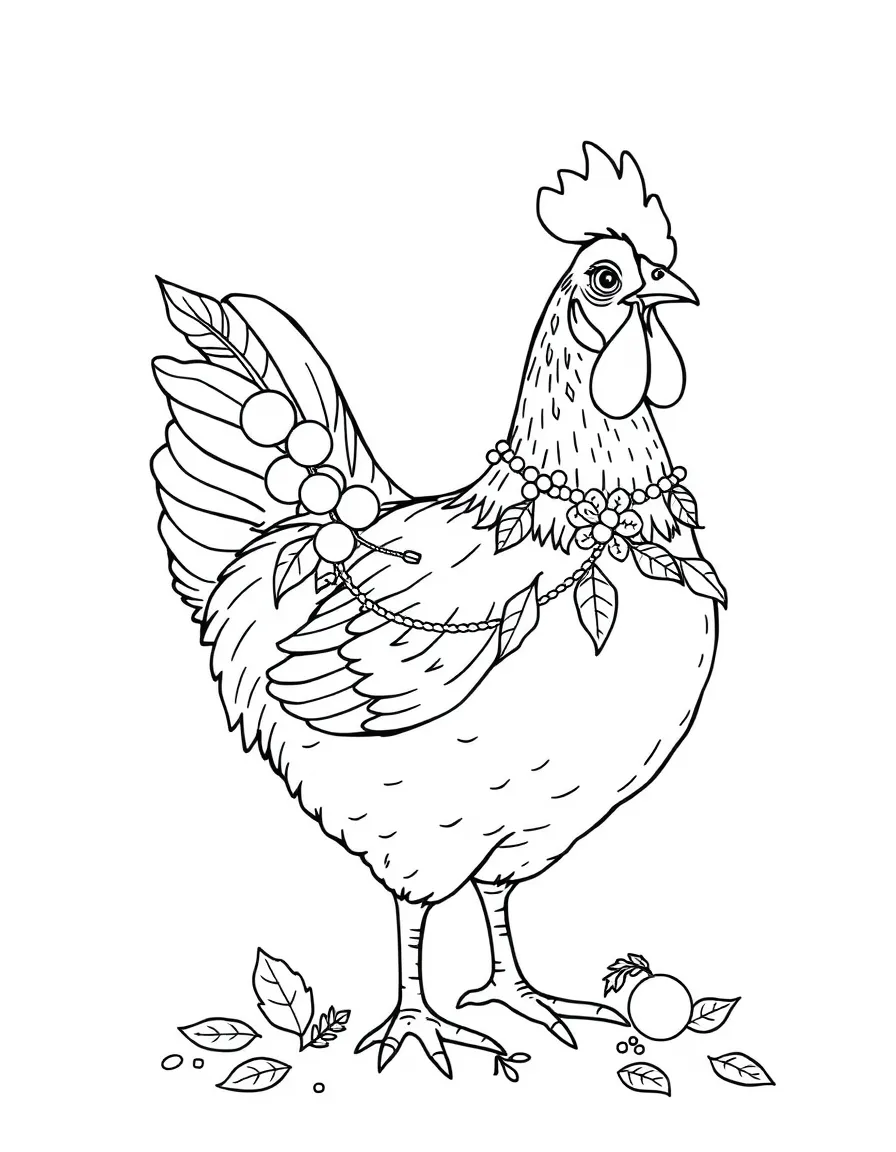 A chicken with festive decorations for a harvest celebration