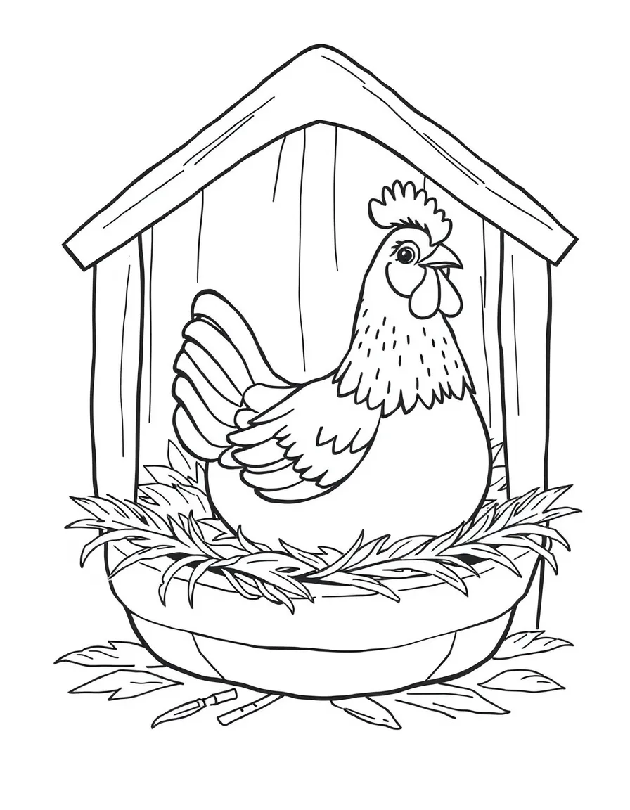 A chicken in a cozy nesting box lined with feathers