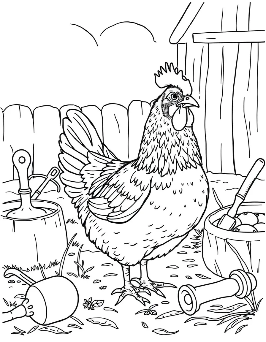 A chicken in a barnyard scene with vintage farming tools