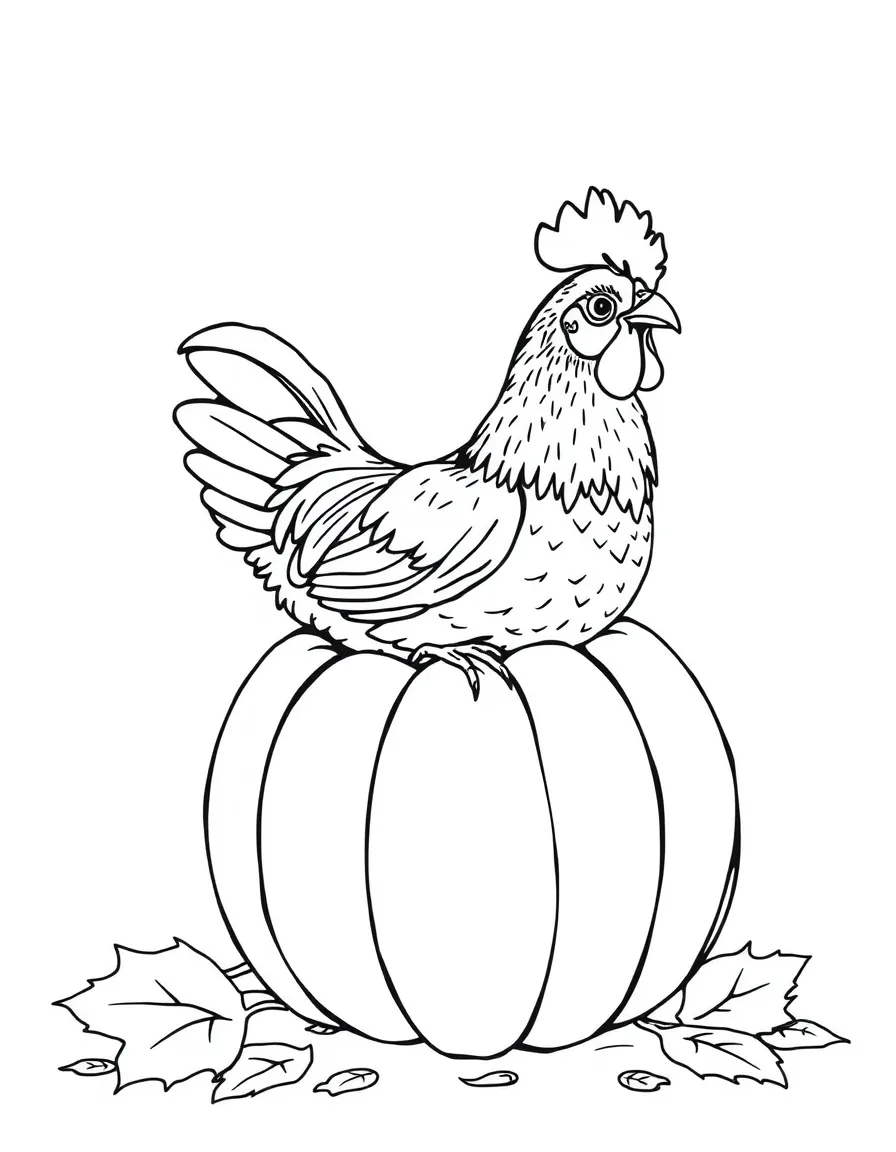 A chicken perched in a hollowed-out pumpkin in fall