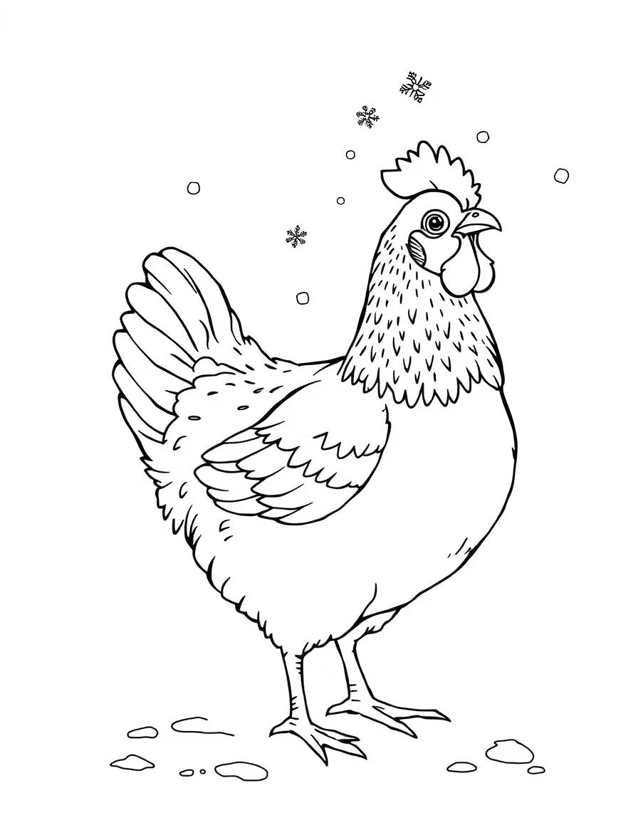 A chicken with snowflakes landing on its back in winter