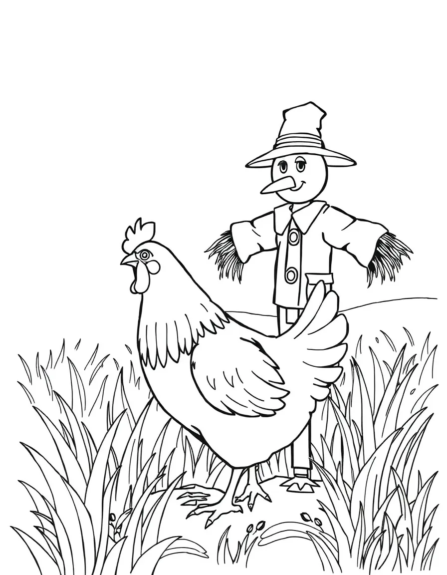 A chicken investigating a scarecrow in a field