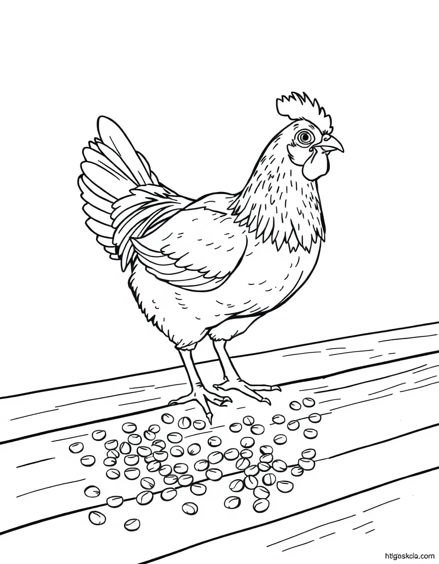 A chicken pecking at grain scattered across a wooden table