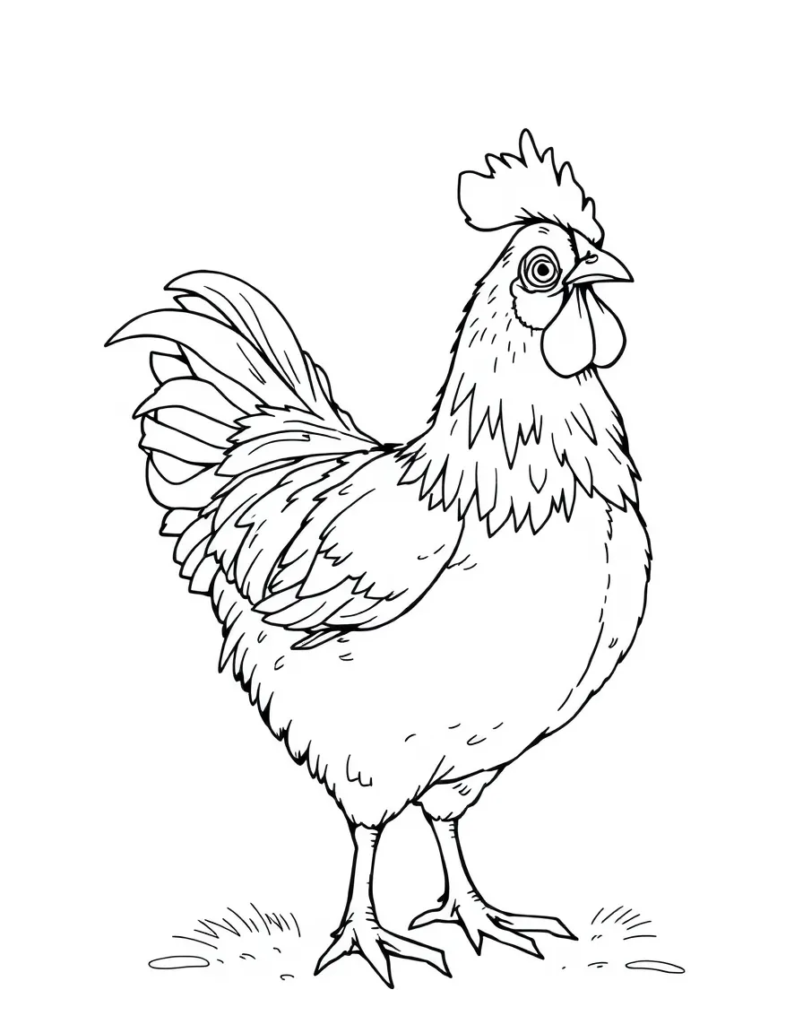 A chicken with its feathers being ruffled by a breeze