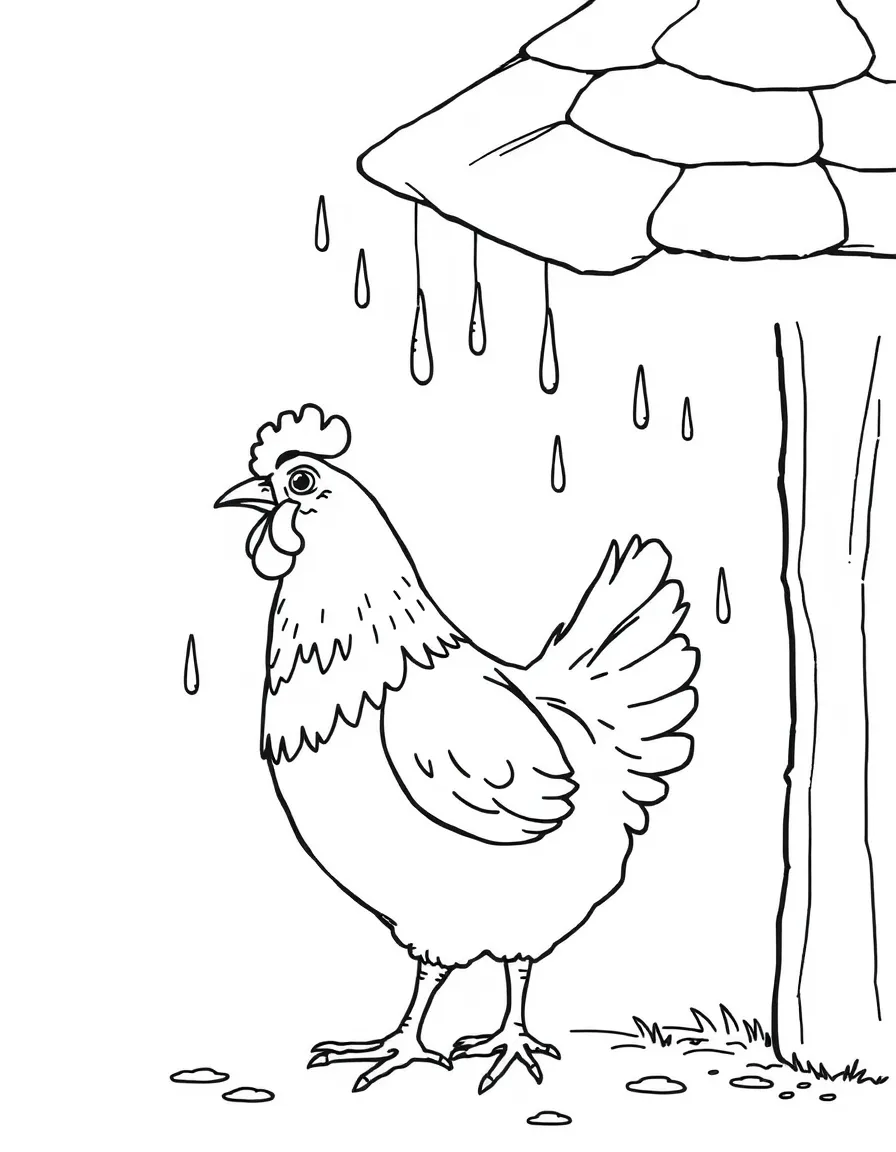 A chicken watching raindrops fall from the edge of a roof