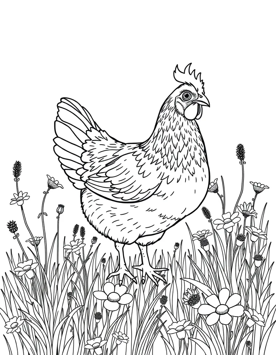 A chicken foraging among wildflowers in a meadow