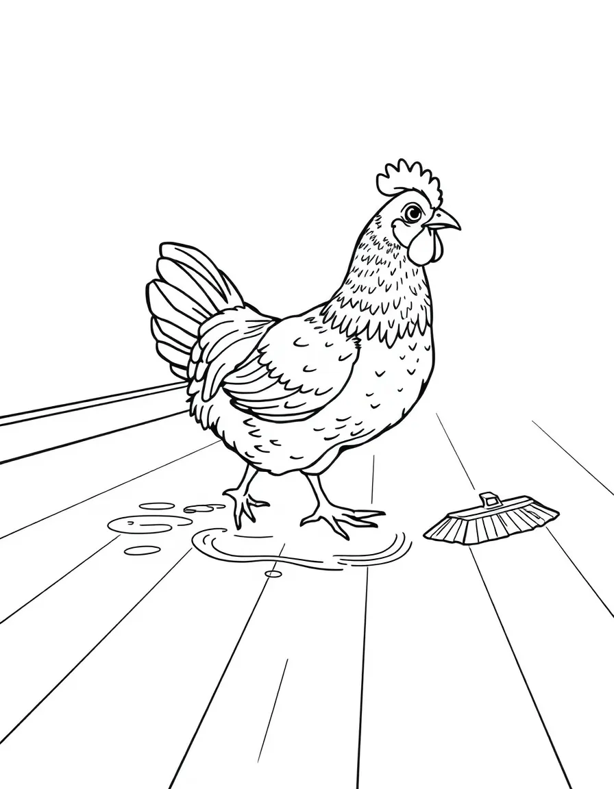 A chicken leaving tracks across a freshly swept floor
