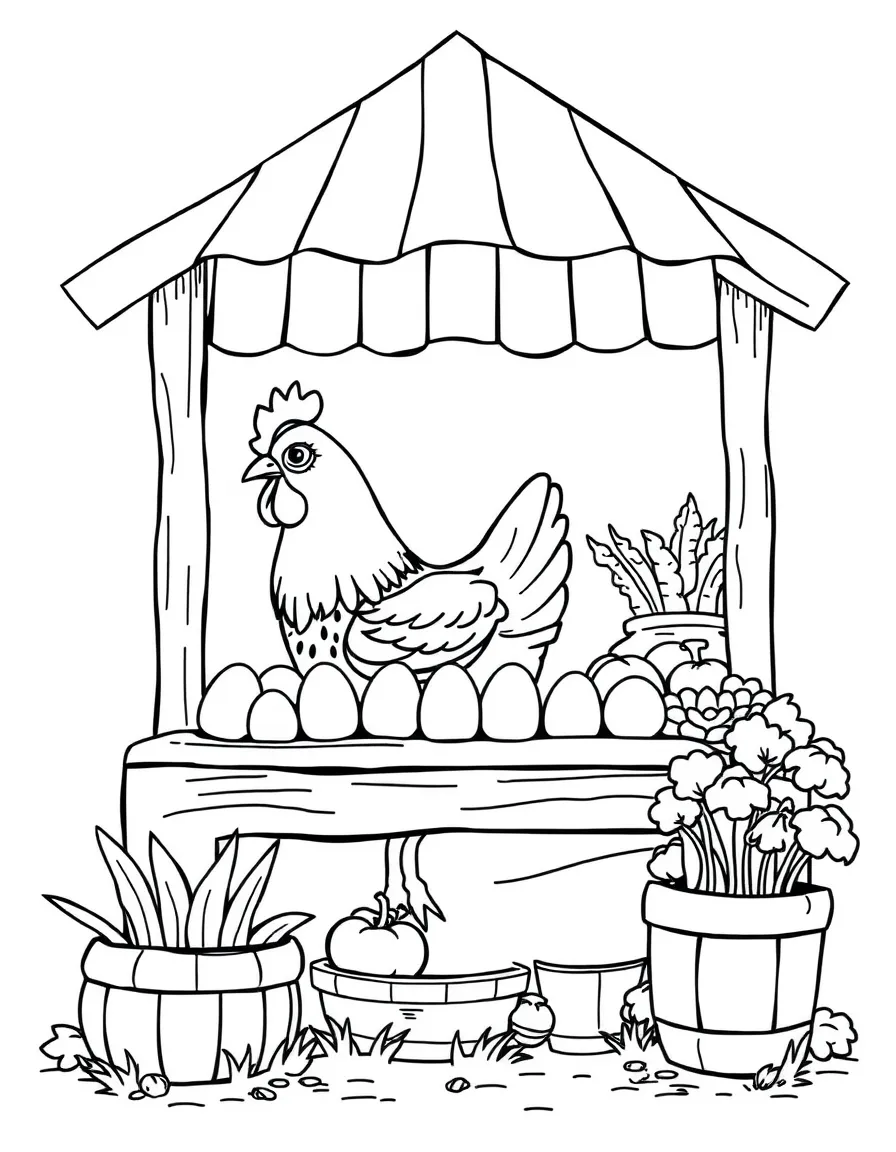A chicken behind a farm stand with fresh eggs and produce