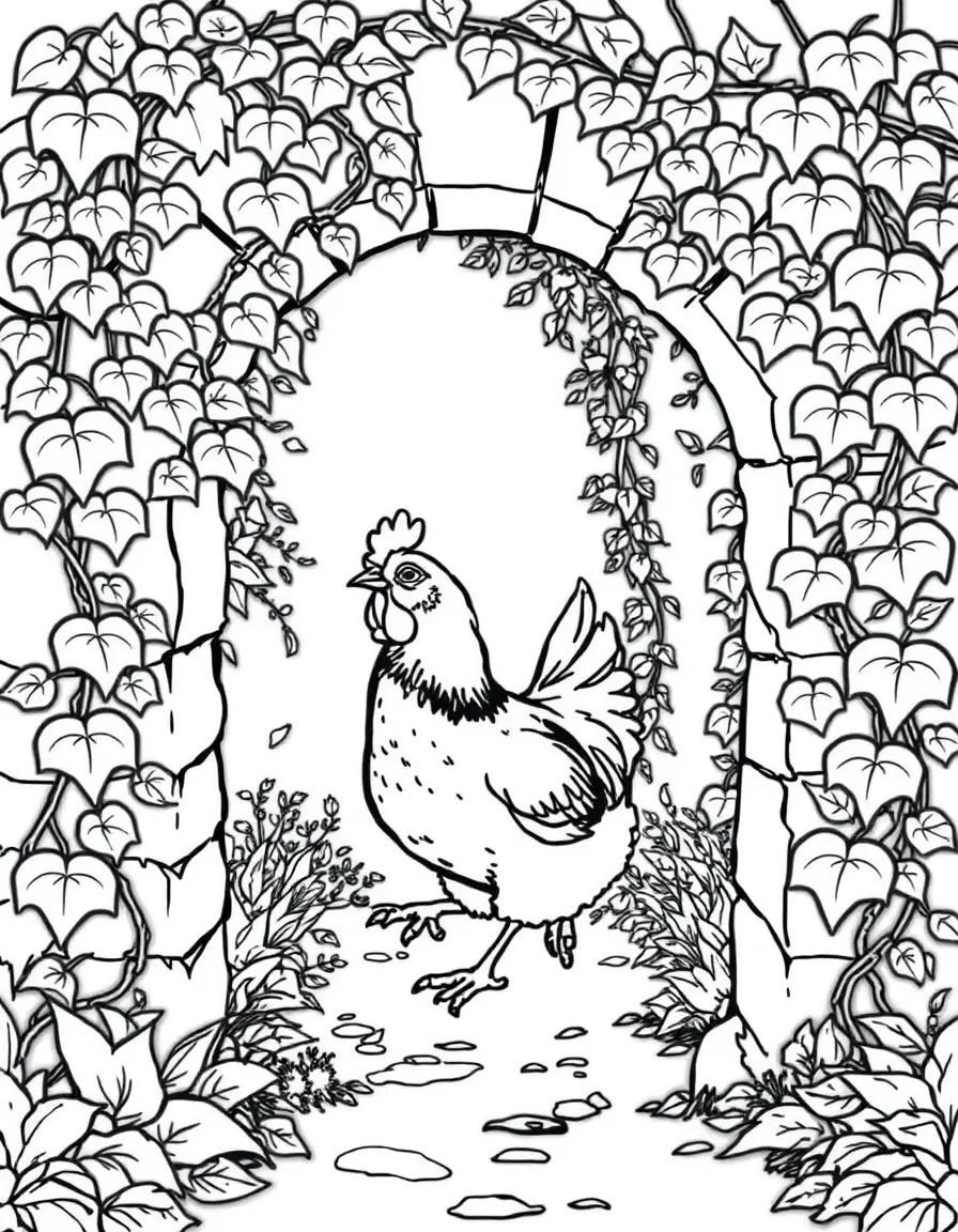A chicken walking through an archway covered in climbing vines