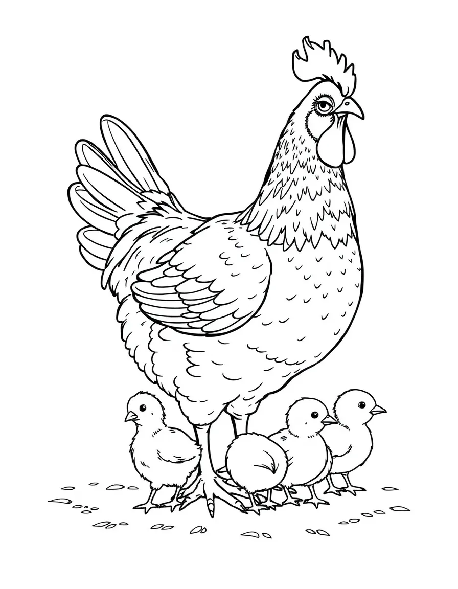 A hen with newly hatched chicks peeping around her feet