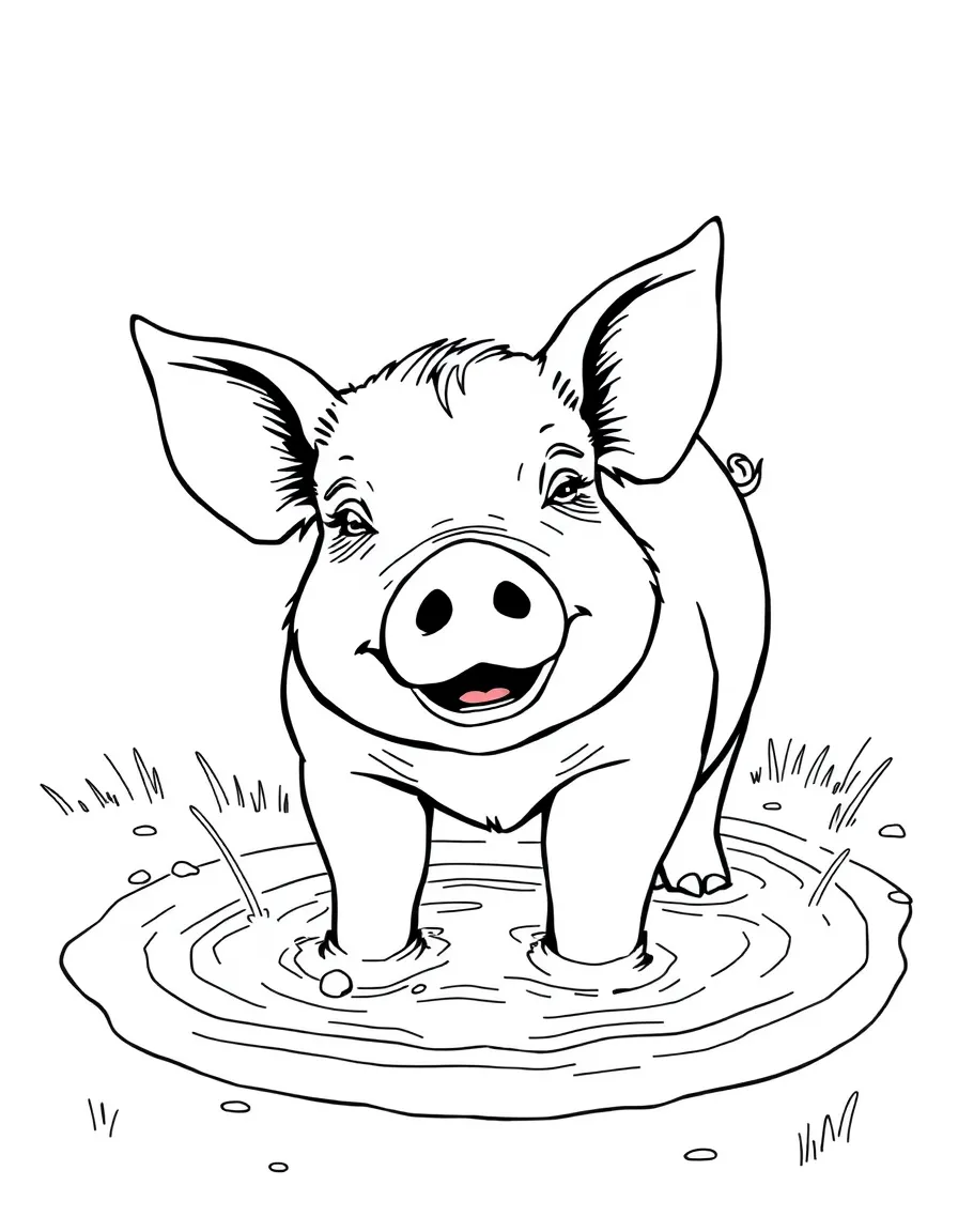 A contented pig wallowing in a mud puddle on a hot day