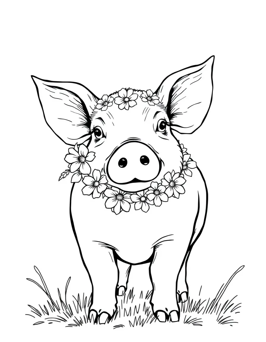 A pig wearing a garland of flowers around its neck at a farm festival