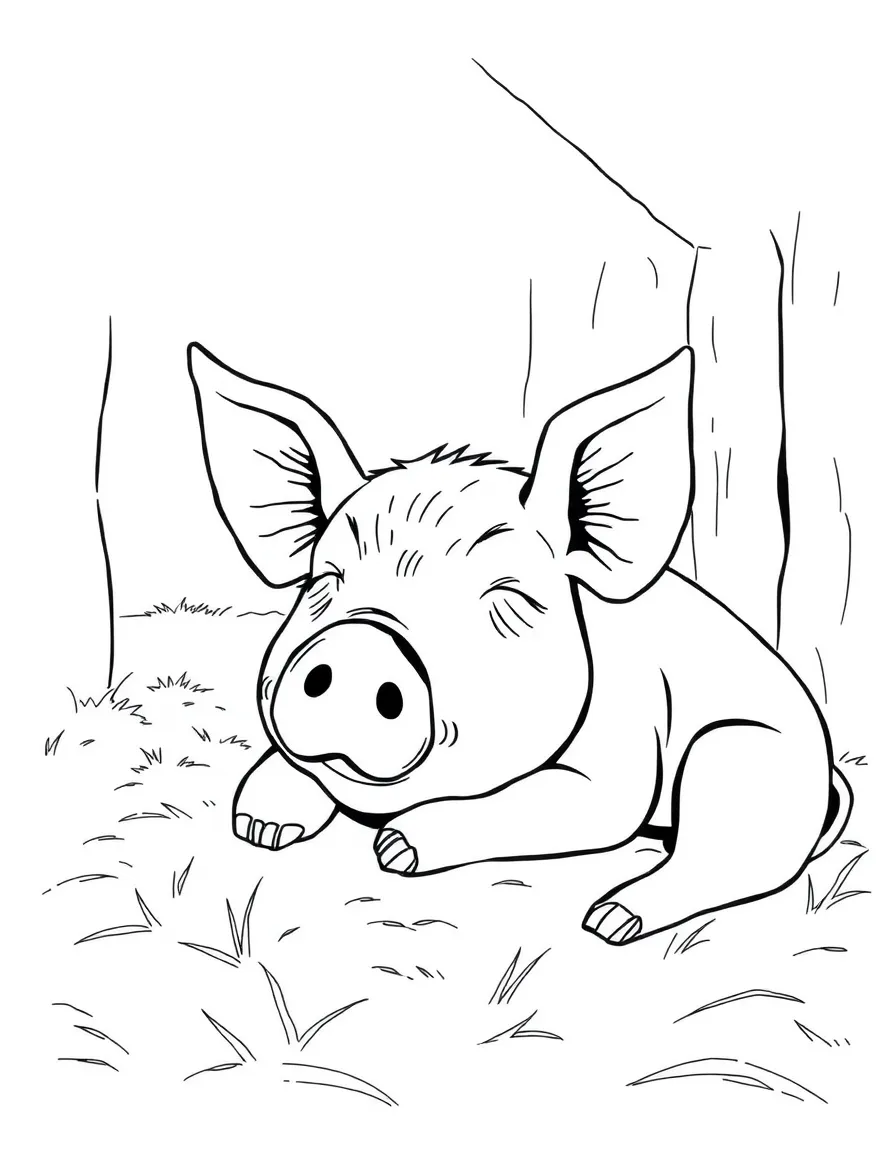 A pig napping peacefully in a patch of sunlight coming through the barn