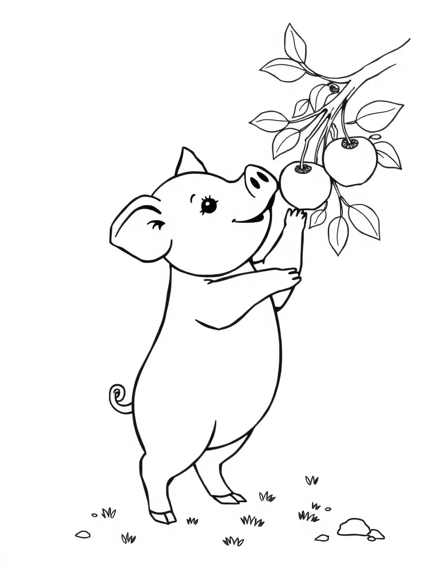 A pig standing on its hind legs reaching for apples on a low branch