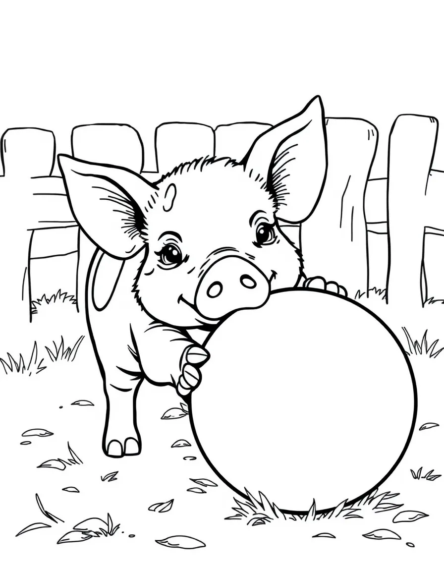 A spotted pig playing with a large ball in a farm pen