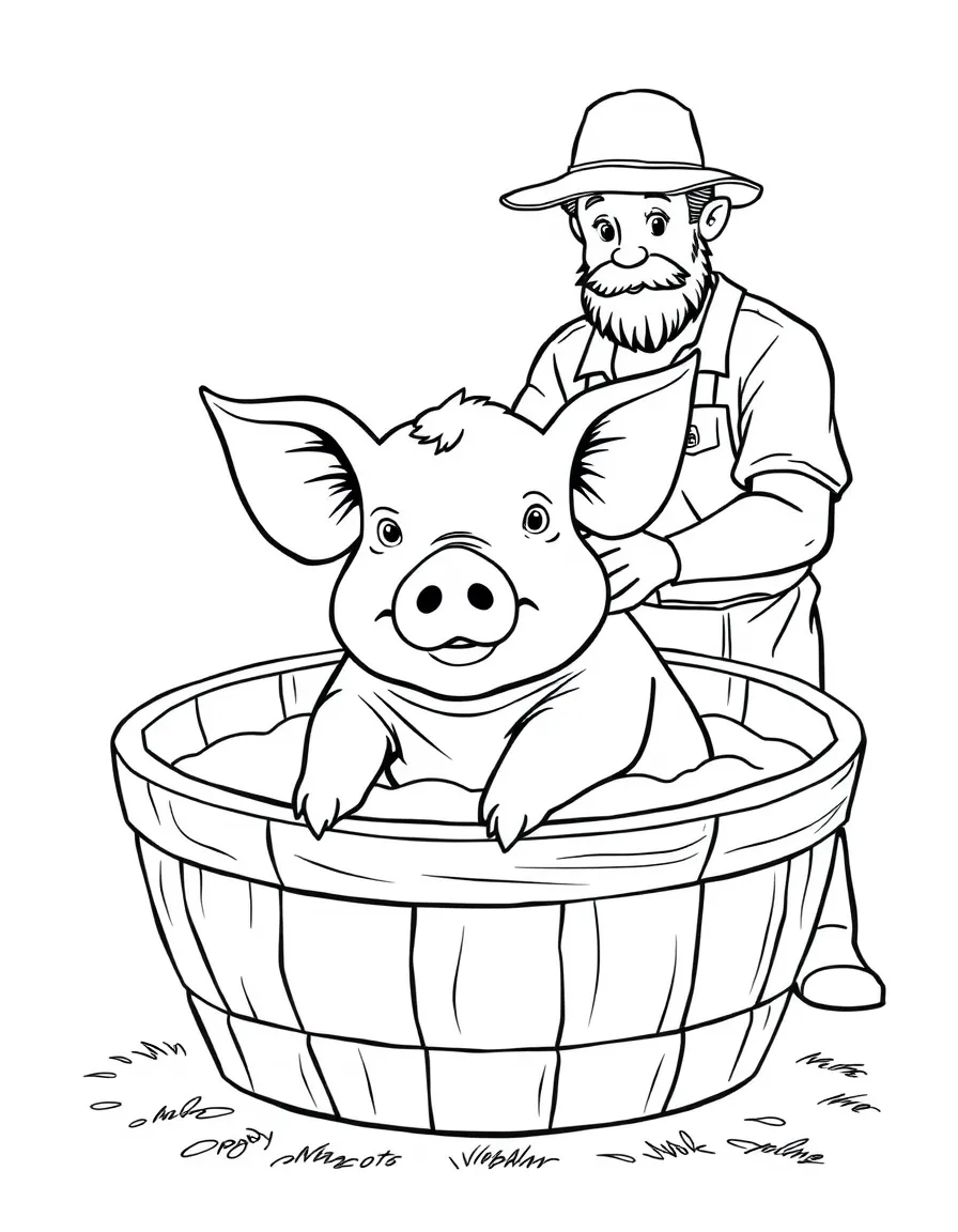 A pig sitting in a large wooden tub being given a bath by a farmer