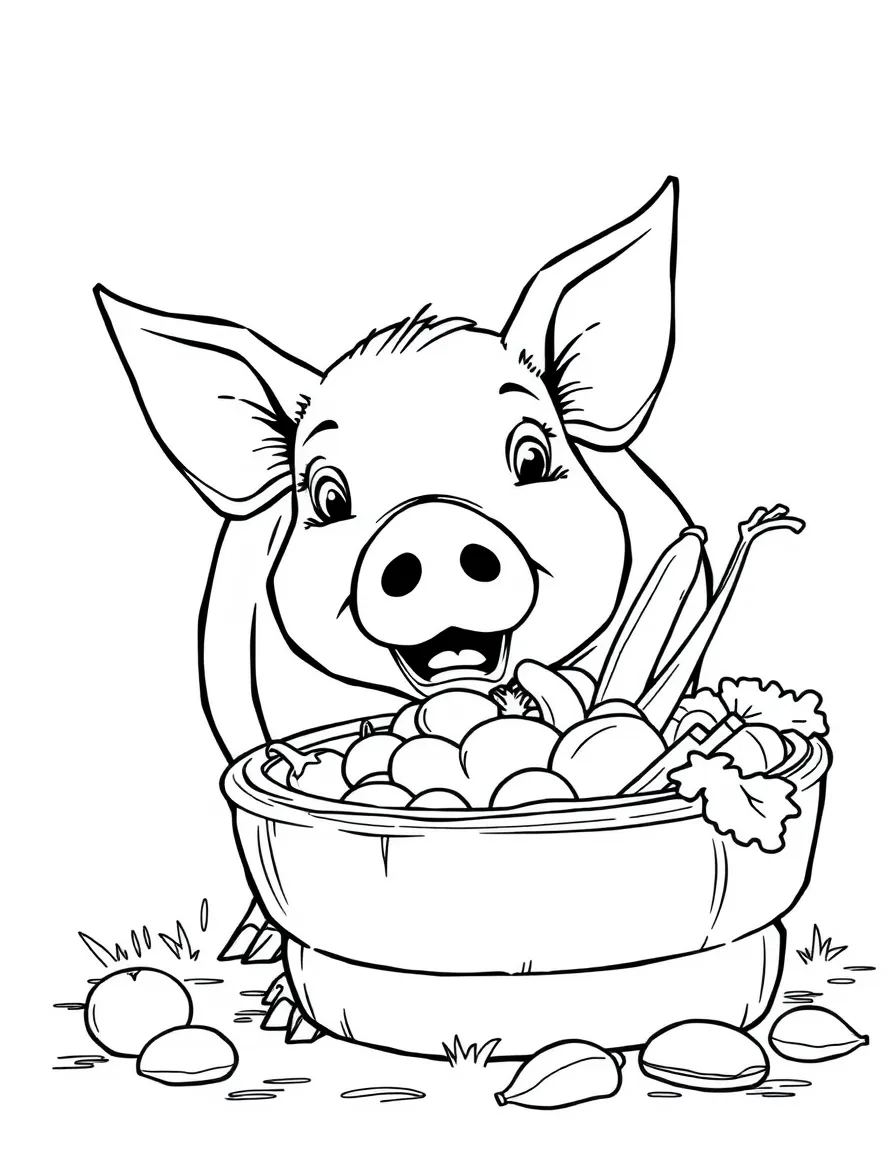 A pig eagerly eating from a trough filled with vegetables