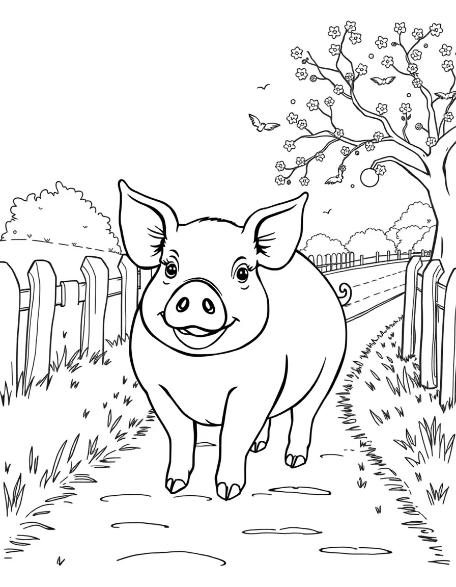 A potbellied pig trotting along a country lane