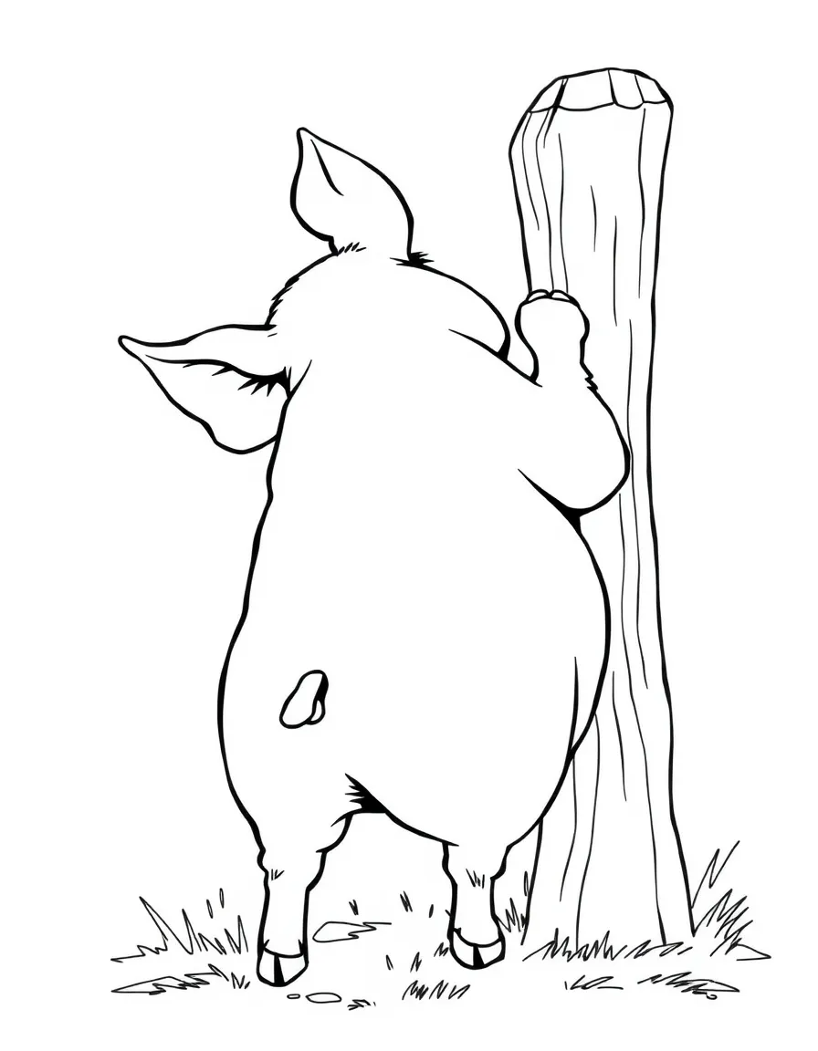 A pig scratching its back against a wooden post