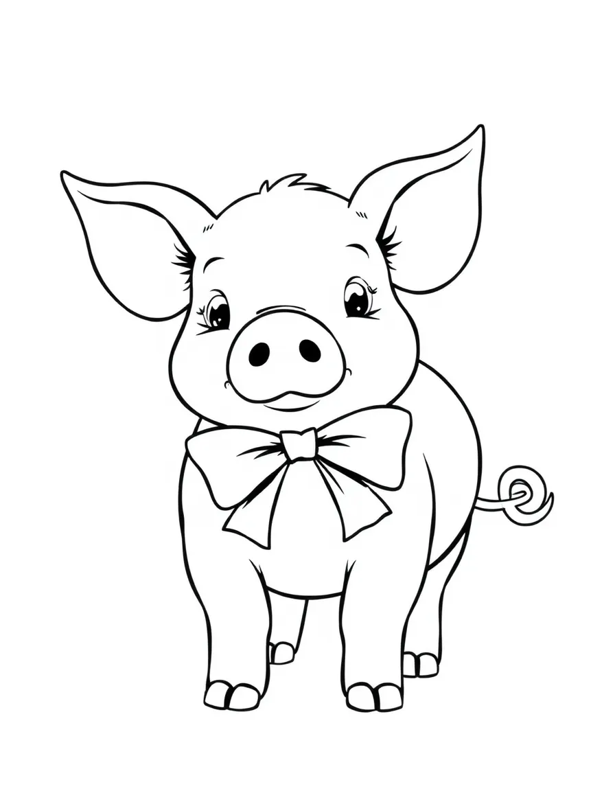 A pig with a bow tied around its curly tail